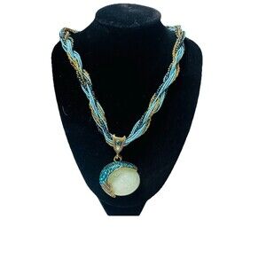 Boho Multi Strand Turquoise Gold Statement Chunky Necklace Crackle Glass Pendant